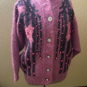 Baldini Vintage Angora Cardigan M Burgundy 90s Grandma Chic Embroidered size L